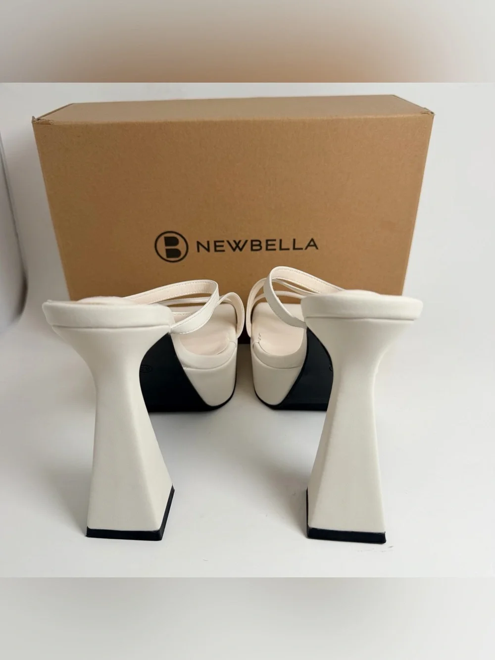 NEWBELLA Cream Strappy Platform Heels with Sculpted Flared Heel